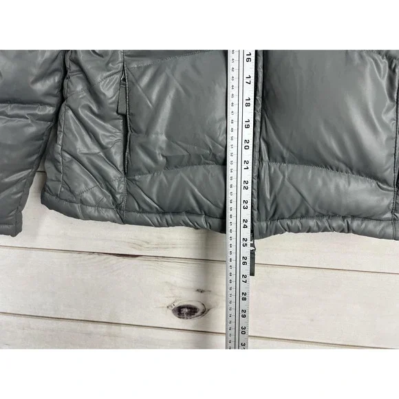 Athleta Down Puffer Jacket Womens Medium Gray Removable Hood Print Ski Outdoor - Picture 7 of 9